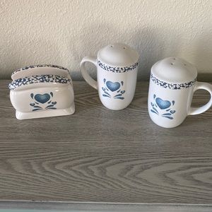 Blue hearts napkin holder, salt and pepper shakers